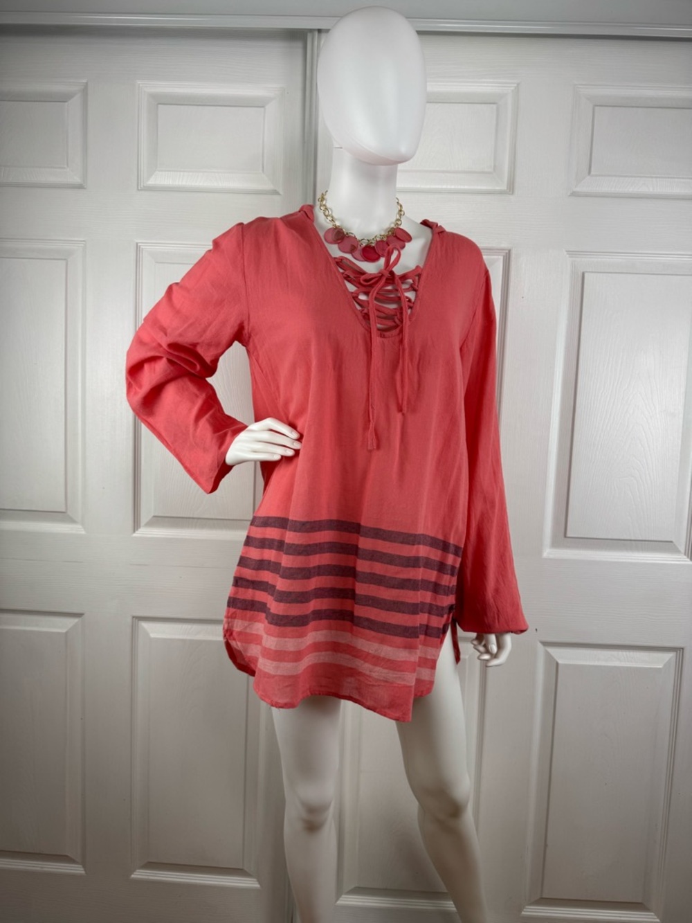 Lagaci Coral Lace-Up Swim Coverup with Striped Hem